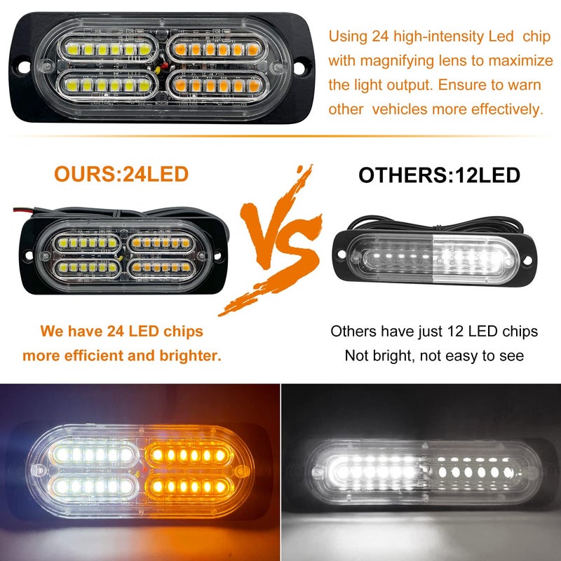 EASE2U E 12-24V 24-LED Super Bright LED Emergency Strobe Lights Warning for Cars Trucks Vehicle SUV Caution Hazard Construction Waterproof Amber Strobe Bar with 32 Different Flashing- 4PCS (White Amber) - Image 3
